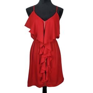 Francesca's Sleeveless Ruffle V Neck Full Zip  Red Flirty Party Dress NEW Size M